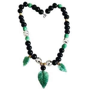 Vtg Necklace Art Deco Green Leaf black Glass Collar Beaded rare Sterling choker